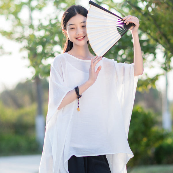 2022 Summer NEW! Women Modern Loose Style Linen and Cotton Round Necked Elbow Sleeves Shirt