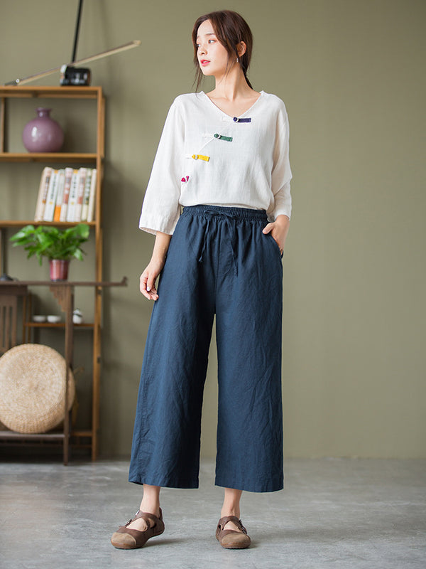 2021 Autumn NEW! Women Linen and Cotton Causal Cropped Wide Leg Pants