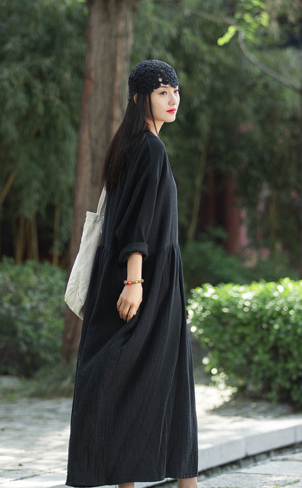 Women Loose Style Wrinkled Linen and Cotton Long Sleeve Dress