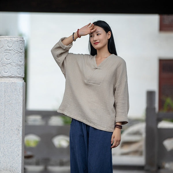 2021 Autumn NEW! Women Asian Style Linen and Cotton Long Sleeves V-necked Chinese Blouse