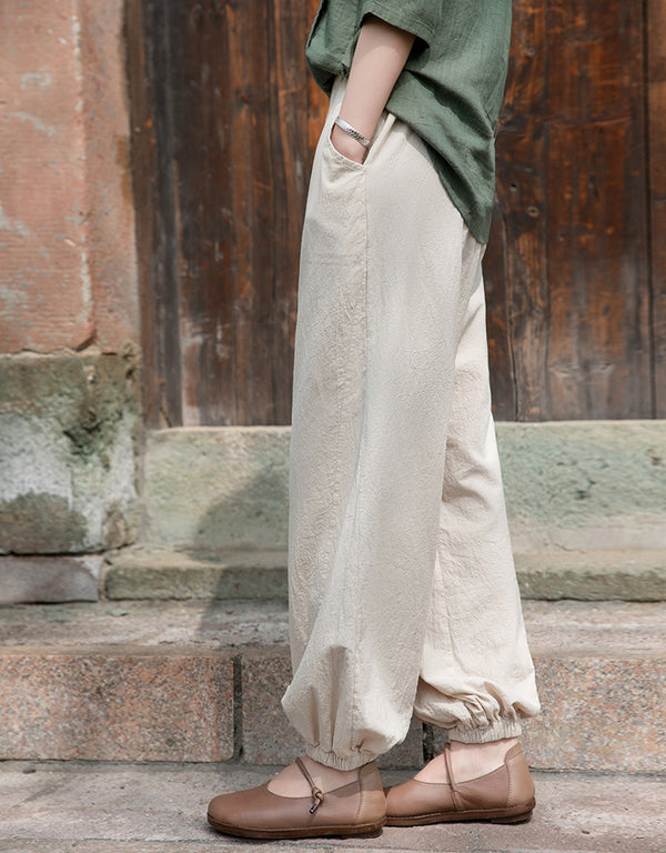 Women Retro Causal Lantern Style Linen and Cotton Patchwork Pants