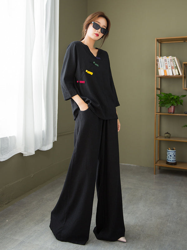 2021 Autumn NEW! Women Round Collar Zen Style Linen and Cotton Long Sleeves Side Cardigan Jacket and Pants