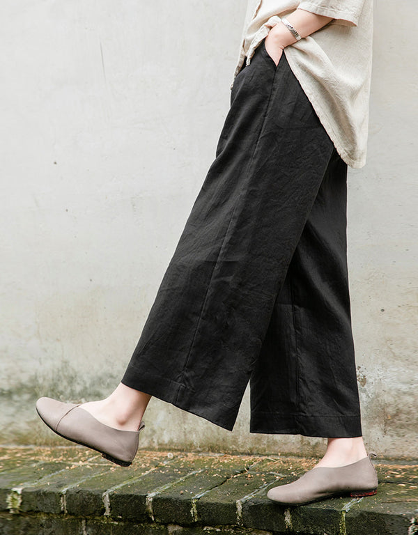 Women Casual Style Linen and Cotton Lantern Cropped Wide Leg Pants