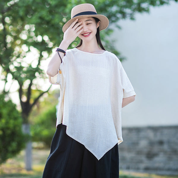 2022 Summer NEW! Women Modern Style Linen and Cotton Round Necked Mid-length Sleeves Shirt