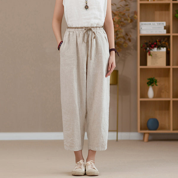 2022 Summer NEW! Women Retro Style Linen and Cotton Waist Belt Cropped Pegged Pants