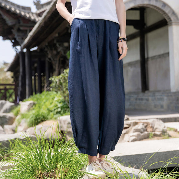 2022 Summer NEW! Women Simple Causal Lantern Style Sand Washed Linen and Cotton Cropped Pants