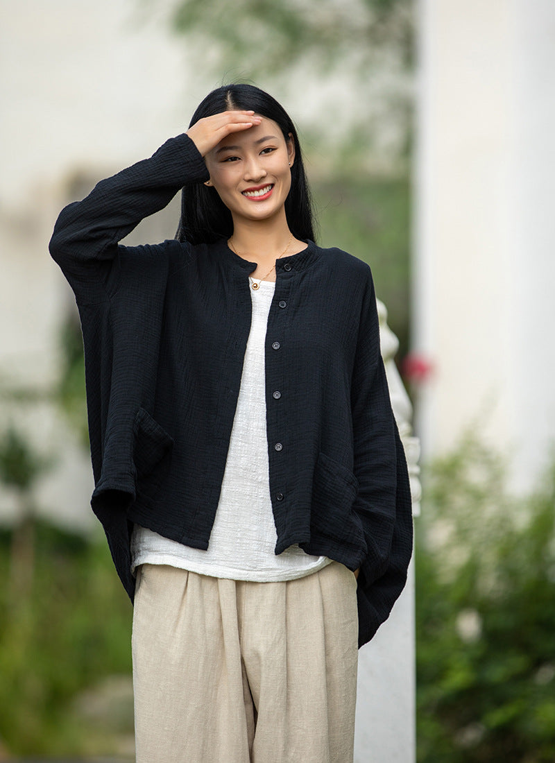 Autumn NEW! Women Retro Style Linen and Cotton Pure Color Light Cardigan Shirt