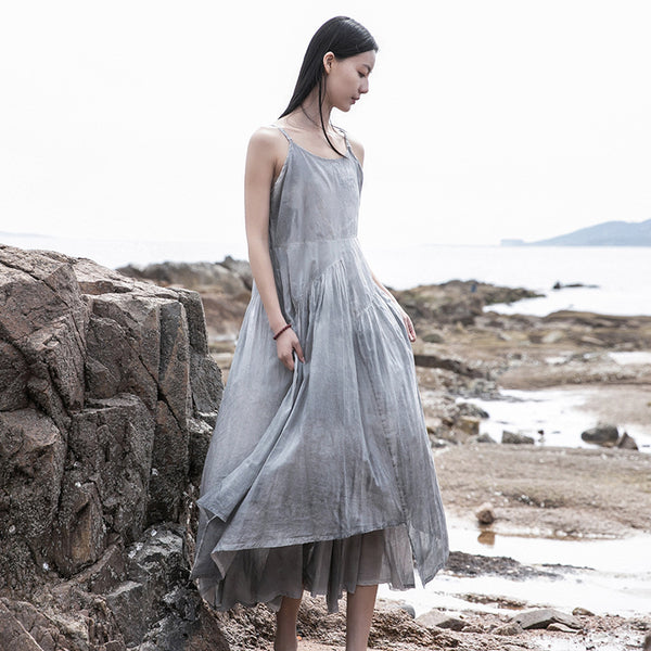 Women Loose Linen and Cotton Dyed Color Slip Dress