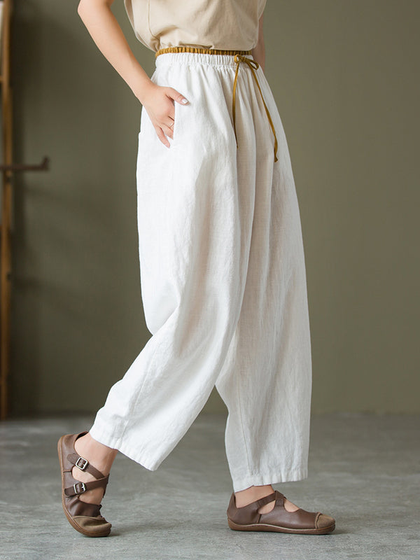 2021 Autumn NEW! Women Lantern Style Linen and Cotton Causal Loose with Waist Belt Cropped Pants