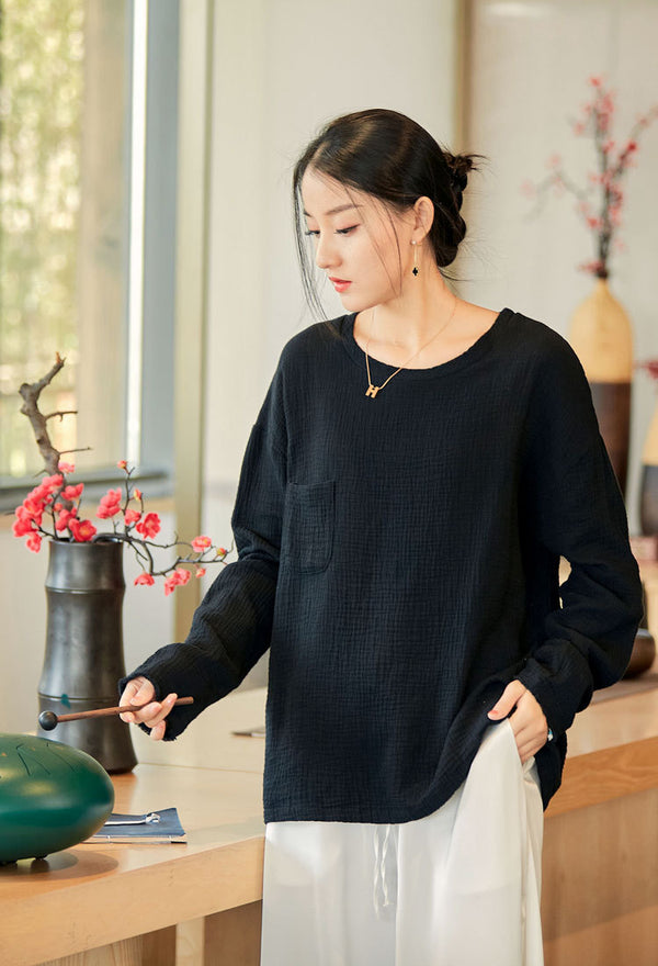 2022 Summer NEW! Women Causal Style Linen and Cotton Round Necked Long Sleeve T-Shirt