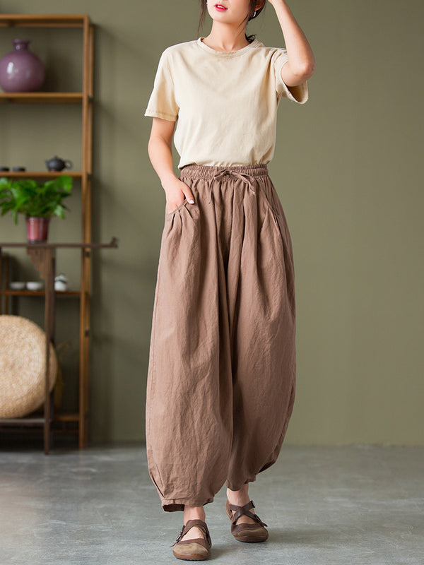 2021 Autumn NEW! Women Lantern Style Linen and Cotton Causal with Waist Belt Loose Cropped Pants