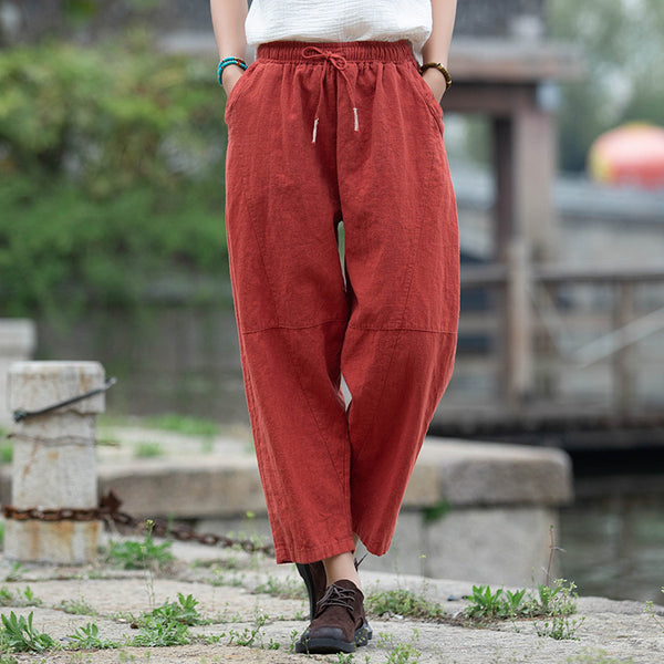 Women Linen and Cotton Causal Loose Cropped Drawstring Capris