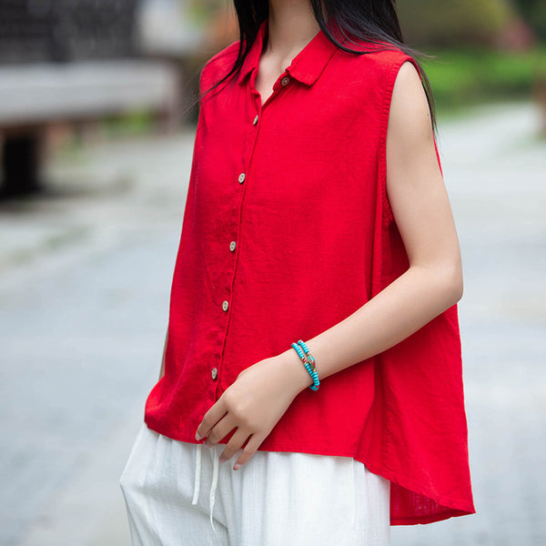 Women Sand-Washed Linen and Cotton Long Sleeveless Shirt