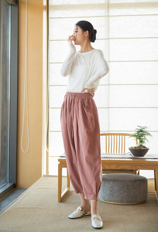 2022 Summer NEW! Women Modern Style Sand Washed Linen and Cotton Lantern Cropped Pants