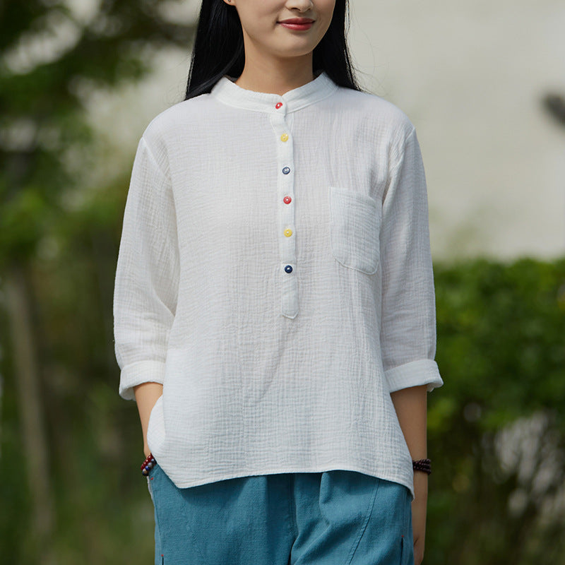 Autumn NEW! Women Simple Light Style Linen and Cotton Pure Color Top Buckle Wrinkled Blouse Shirt