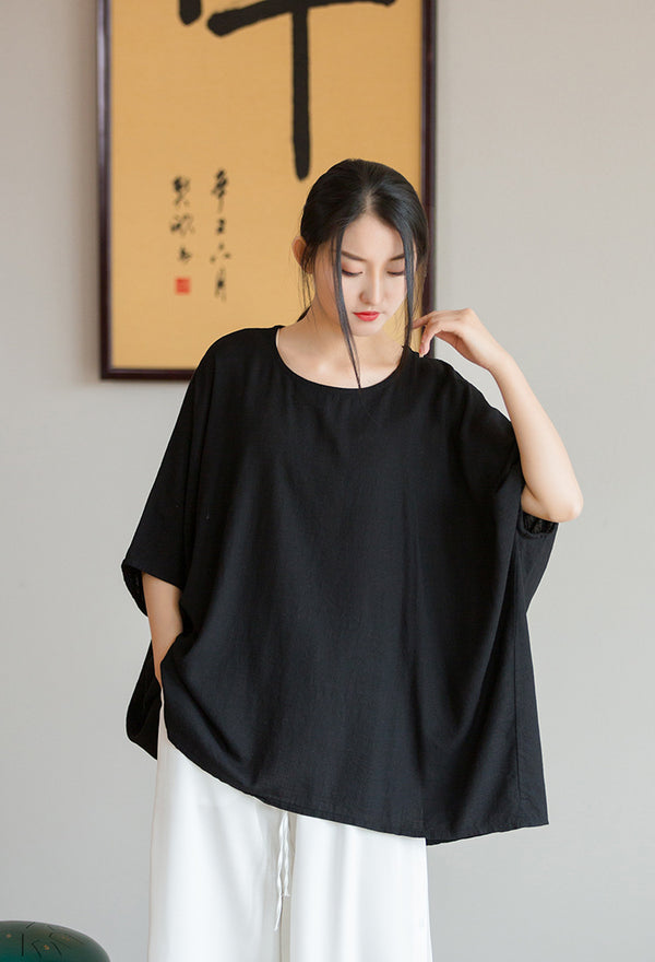 2022 Summer NEW! Women Casual Style Linen and Cotton Long Loose Mid Sleeve T-Shirt