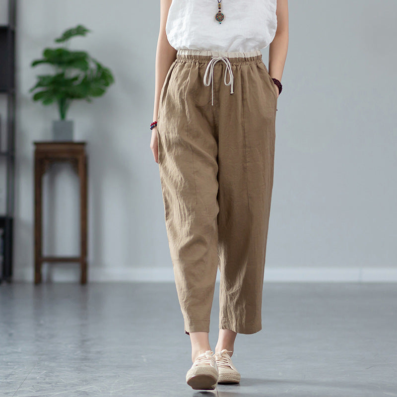 Summer NEW! Women Retro Style Linen and Cotton Waist Belt Cropped Pegged Pants
