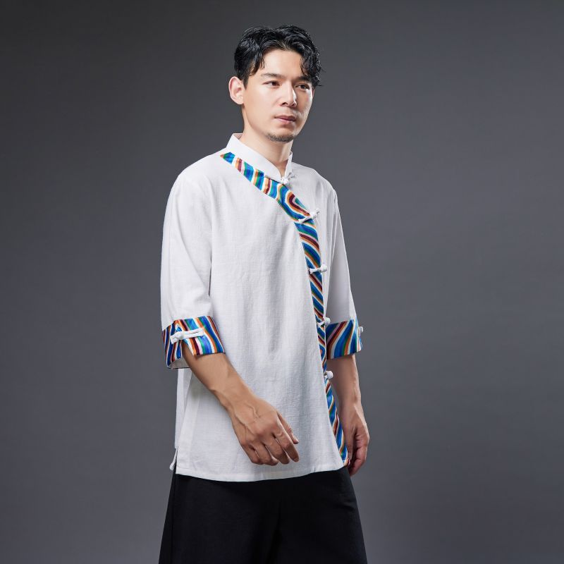 Summer NEW! Men Ethnic Style Linen and Cotton Middle Sleeve Shirts