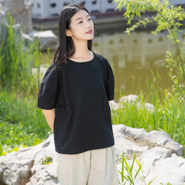 2022 Summer NEW! Women Causal Style Linen and Cotton Round Necked Short Sleeves Shirt