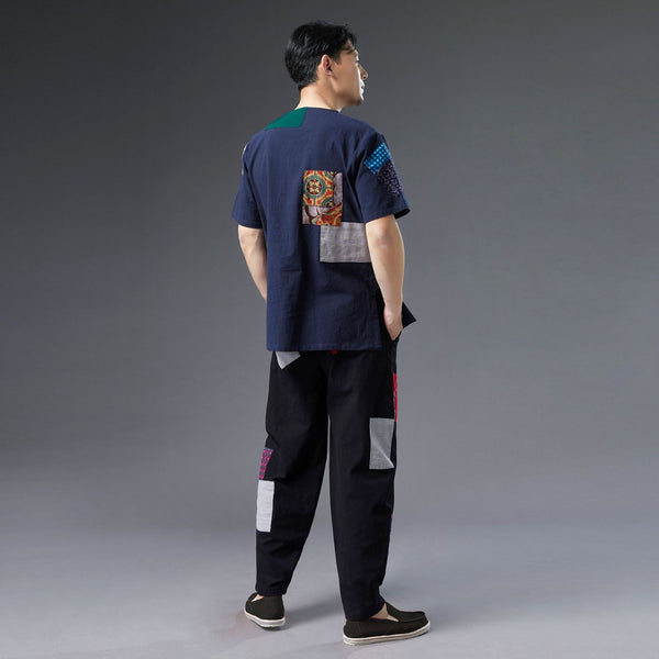 Men Casual Retro Style Patchwork Linen and Cotton Loose Drawstring Pants