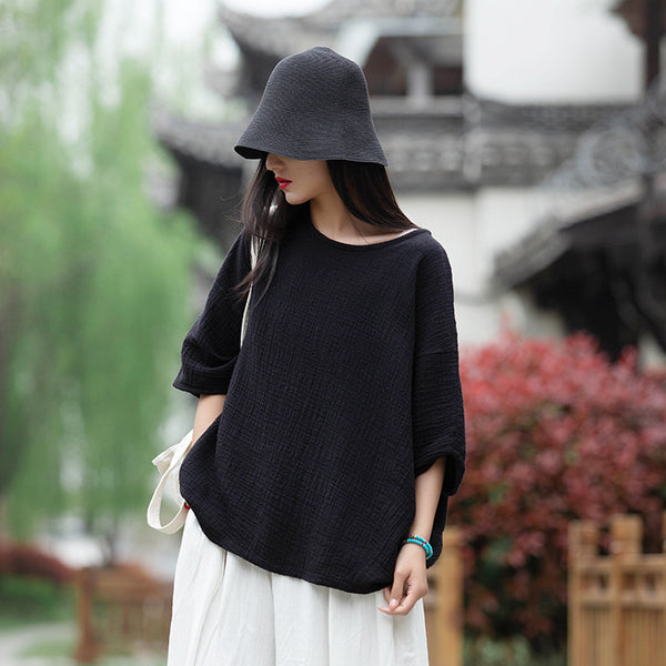Women Round Necked Linen and Cotton Loose Middle Sleeves Wrinkled T-Shirt