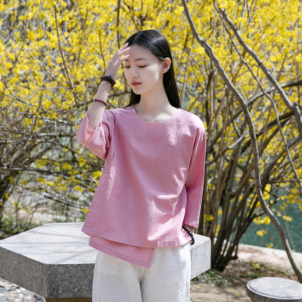 Women Modern Style Linen and Cotton Middle Sleeves Chinese Blouse