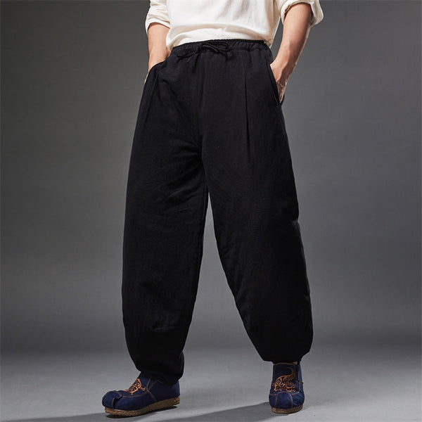 2021 Autumn NEW! Men Retro Style Linen and Cotton Loose Quilted Drawstring Pants