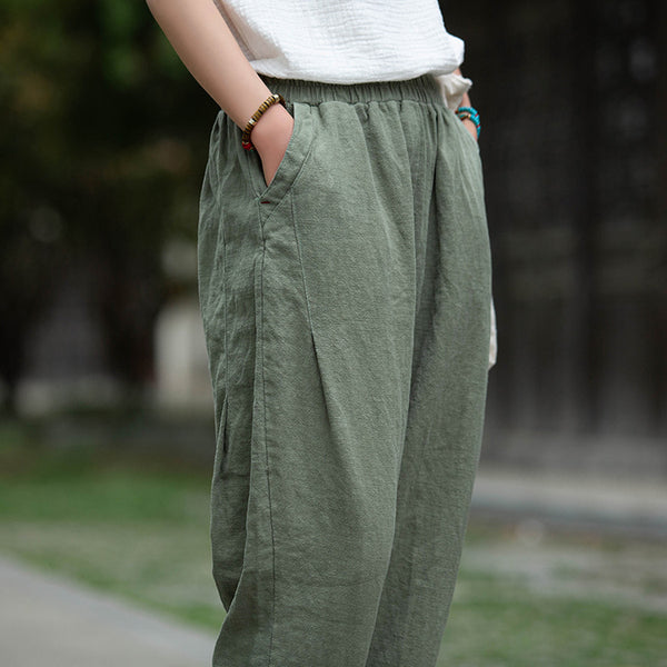 Women Linen and Cotton Causal Loose Cropped Capris