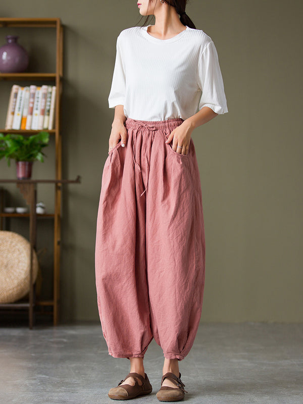 2021 Autumn NEW! Women Lantern Style Linen and Cotton Causal with Waist Belt Loose Cropped Pants