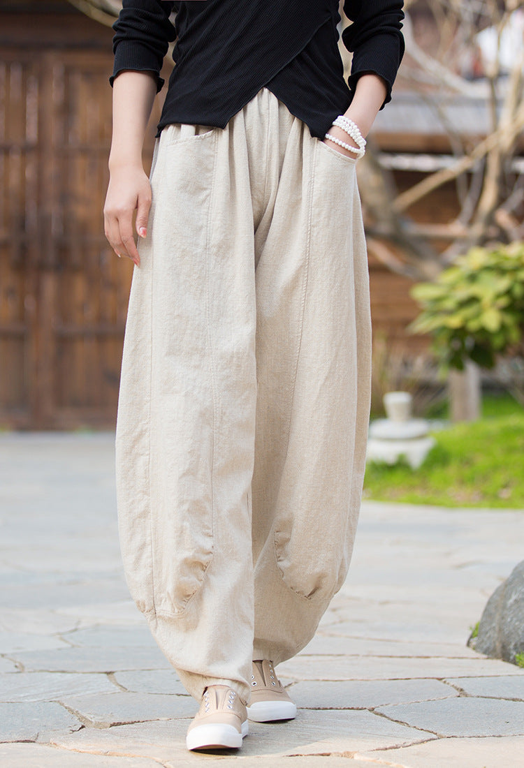 Womens Loose Cotton Linen Wide Leg Pants Ladies Summer Holiday Pockets  Trousers | eBay