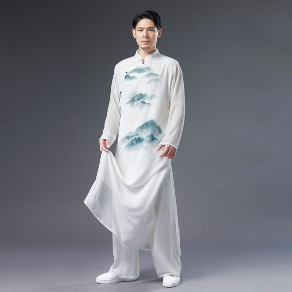 Men Classic Asian Style Linen Long Sleeve Round Collar Landscaping Printed Cheongsam