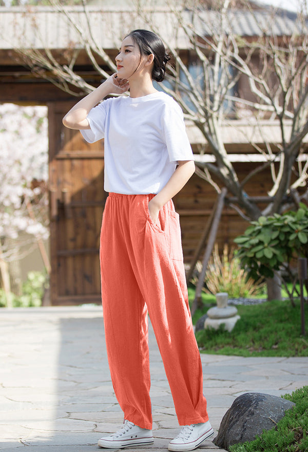 2022 Summer NEW! Women Causal Style Lantern Leisure Sand Washed Linen and Cotton Patchwork Pants