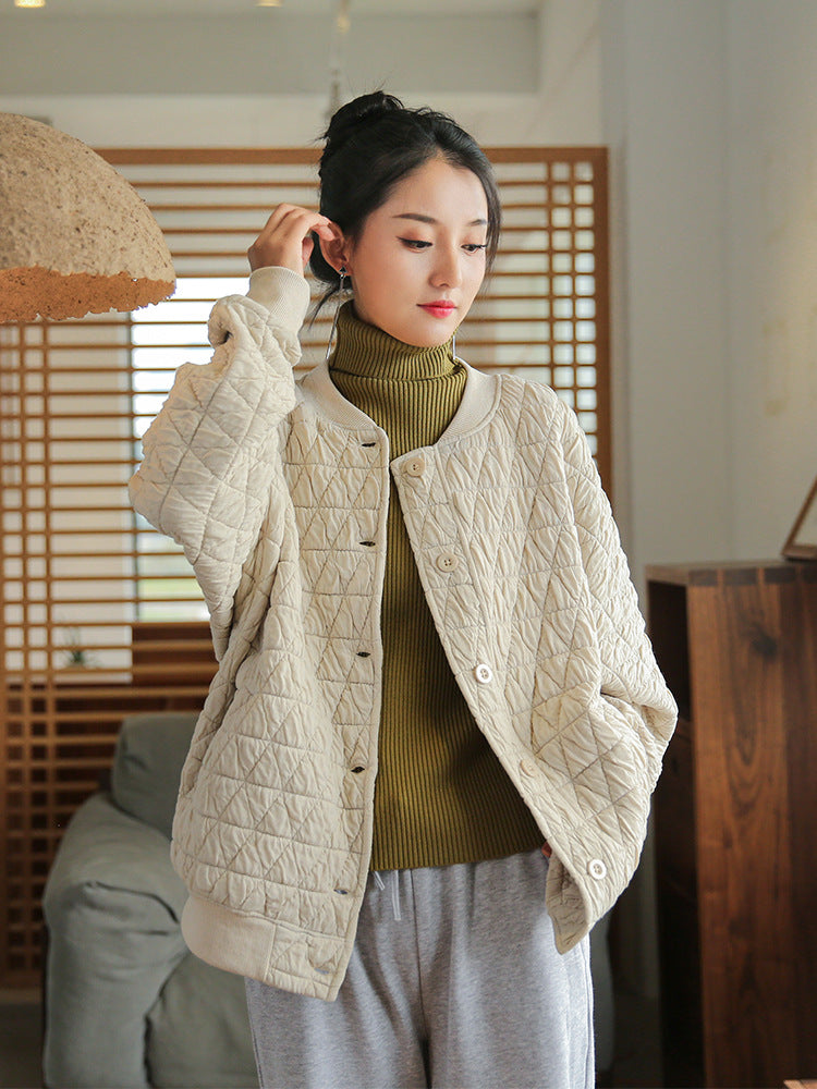 Winter NEW! Women Round Collar Modern Grid Quilted Long-sleeved Thin Jacket