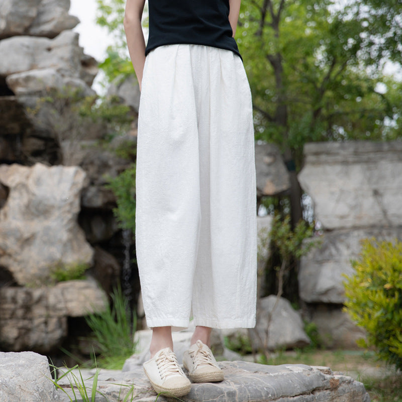 Summer NEW! Women Retro Style Sand Washed Linen and Cotton Wide Leg Pants