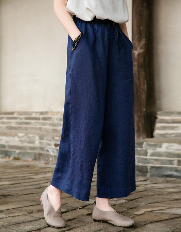 Women Casual Style Linen and Cotton Lantern Cropped Wide Leg Pants