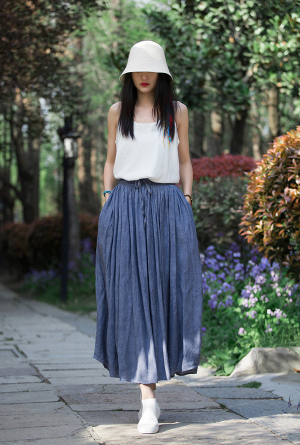 Women Simple Linen and Cotton Loose Accordion Skirt