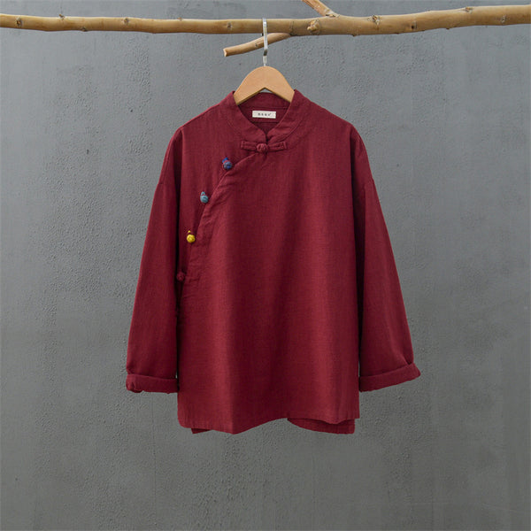 2021 Autumn NEW! Women Retro Chinese Style Linen and Cotton Side Buckle Collar Blouse