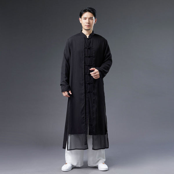 Men Classic Asian Style Linen Long Sleeve Round Collar Pure Color Cheongsam