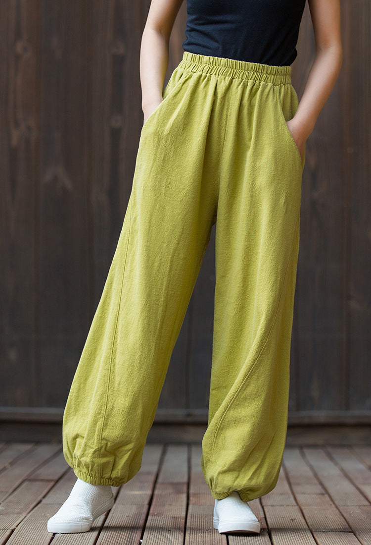 Summer NEW! Women Sporty Style Lantern Leisure Sand Washed Linen and Cotton Pants