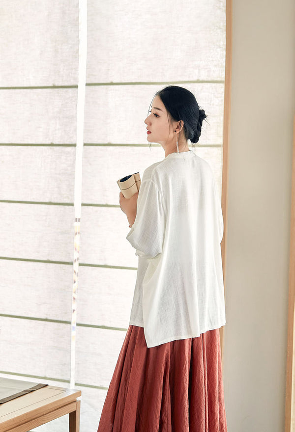 2022 Summer NEW! Women Modern Style Linen and Cotton Round Collar Mid Sleeve Shirt