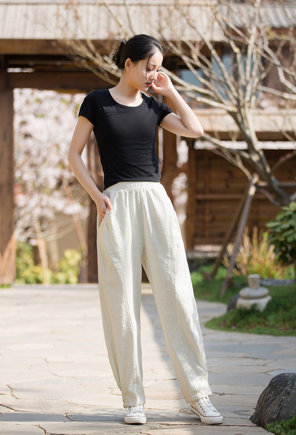 2022 Summer NEW! Women Causal Style Lantern Leisure Sand Washed Linen and Cotton Patchwork Pants