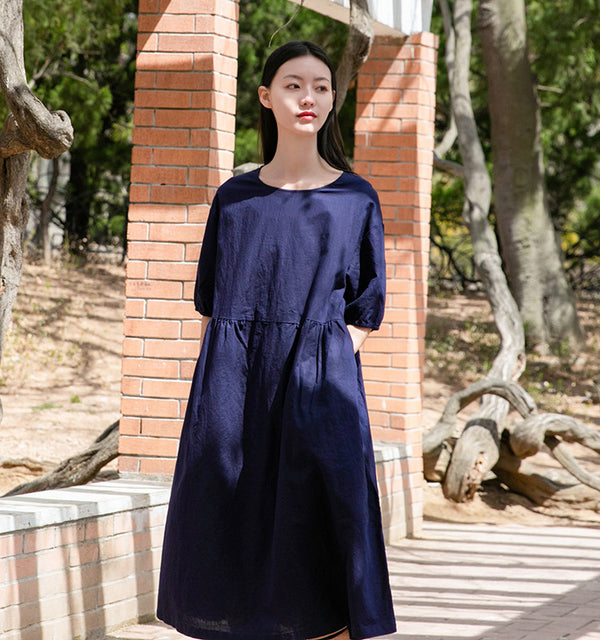 Women Loose Linen and Cotton Round Neck Middle Sleeve Dress