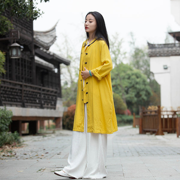 Women Round Collar Asian Style Linen and Cotton Long-sleeved Coat