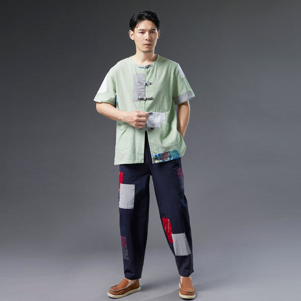 Men Casual Retro Style Patchwork Linen and Cotton Loose Drawstring Pants