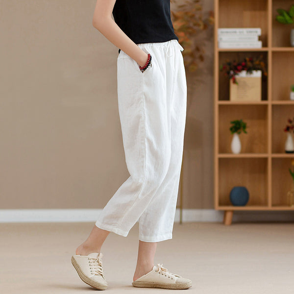 2022 Summer NEW! Women Causal Style Linen and Cotton Waist Belt Cropped Pegged Pants