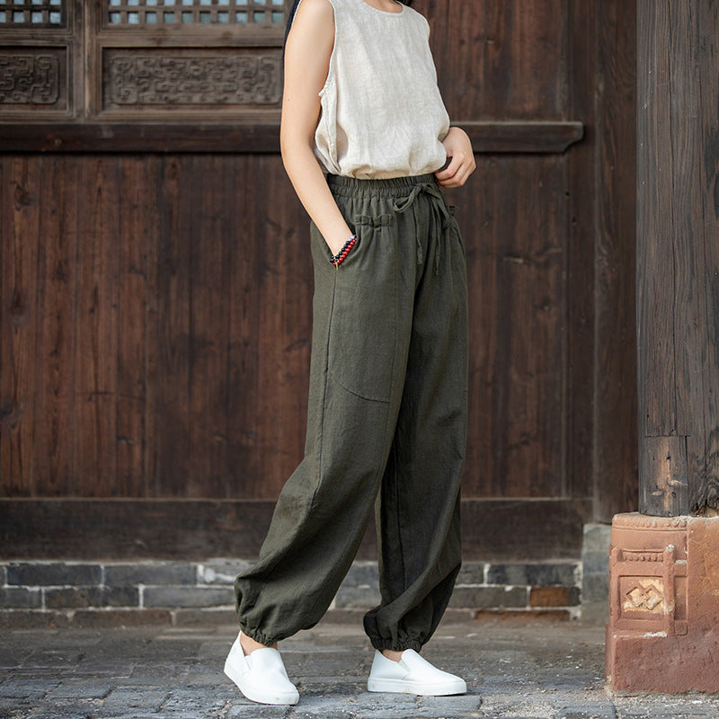 Autumn NEW! Women Modern Causal Style Front Pocket Linen and Cotton Pants