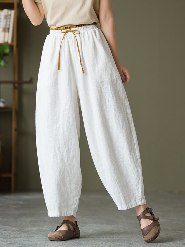 2021 Autumn NEW! Women Lantern Style Linen and Cotton Causal Loose with Waist Belt Cropped Pants