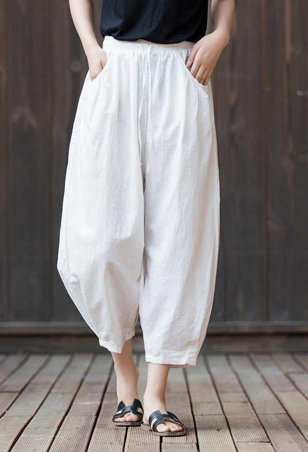 2022 Summer NEW! Women Modern Style Sand Washed Linen and Cotton Lantern Cropped Pants