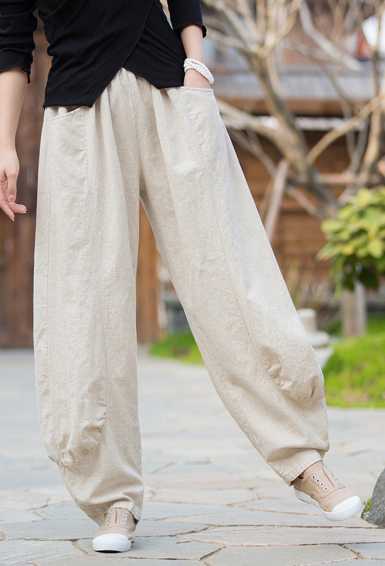 Summer NEW! Women Lantern Style Leisure Sand Washed Linen and cotton Pants