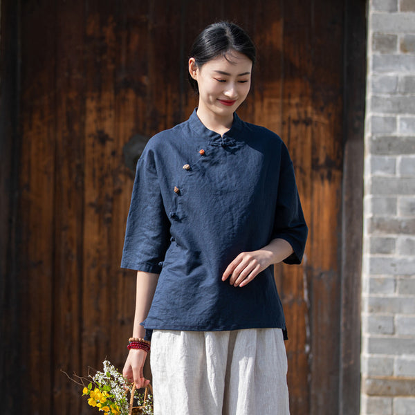 2022 Summer NEW! Women Chinese Ethnic Style Linen and Cotton Mid-length Sleeves Shirt